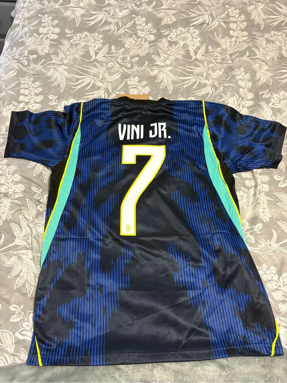Jordan Brasil #7 Navy and Royal Blue Soccer Jersey with Yellow Accents